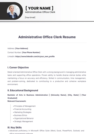 Free Administrative Office Clerk Resume to Edit Online