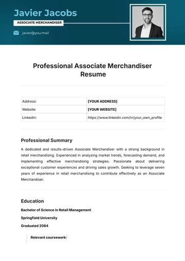 Free Professional Associate Merchandiser Resume Template to Edit Online