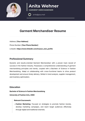 Free Garment Merchandiser Resume Template to Edit Online