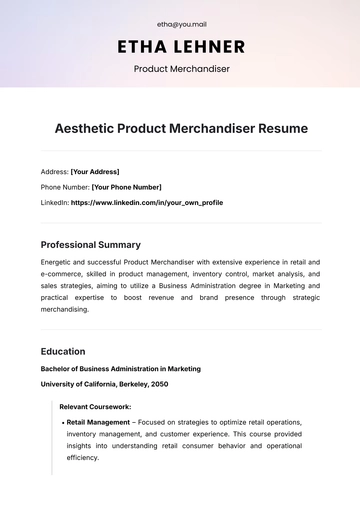 Free Aesthetic Product Merchandiser Resume Template to Edit Online