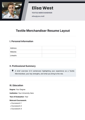 Free Textile Merchandiser Resume Layout Template to Edit Online