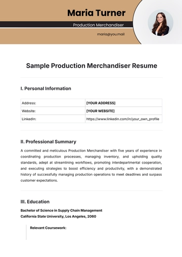Free Sample Production Merchandiser Resume Template to Edit Online