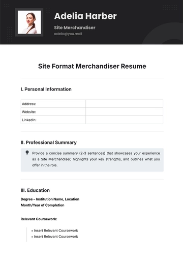 Free Site Format Merchandiser Resume Template to Edit Online