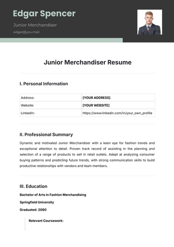 Free Junior Merchandiser Resume Template to Edit Online