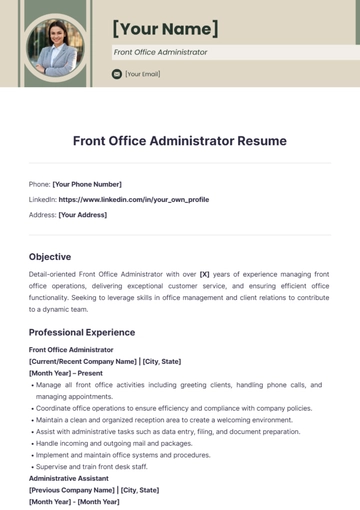 Free Front Office Administrator Resume to Edit Online