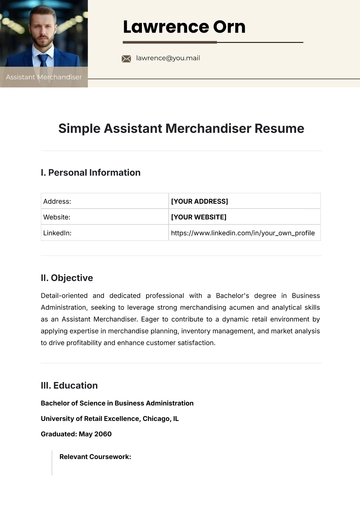 Free Simple Assistant Merchandiser Resume Template to Edit Online