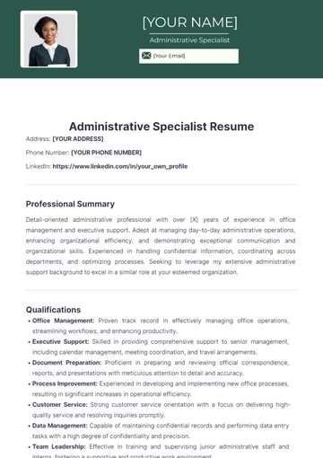 Free Administrative Specialist Resume to Edit Online