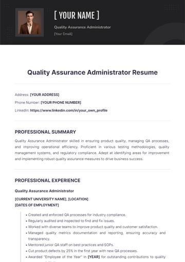 Free Quality Assurance Administrator Resume to Edit Online