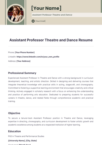 Free Assistant Professor Theatre and Dance Resume to Edit Online