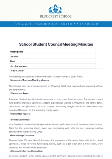 Free School Student Council Meeting Minutes Template to Edit Online