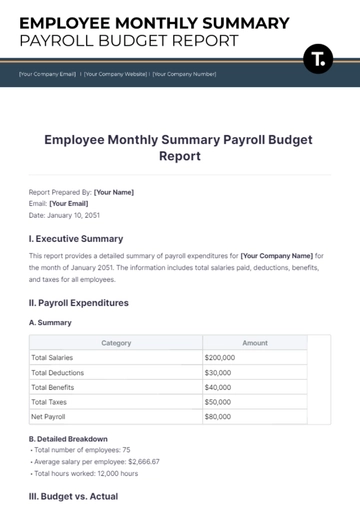 Free Employee Monthly Summary Payroll Budget Report Template to Edit Online