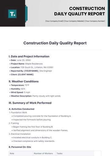 Free Construction Daily Quality Report Template to Edit Online
