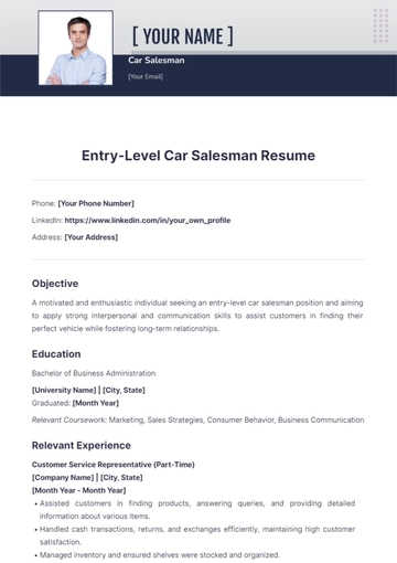 Free Entry-Level Car Salesman Resume to Edit Online