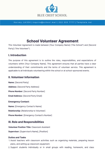 Free School Volunteer Agreement Template to Edit Online