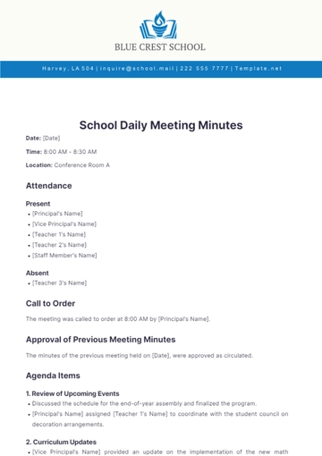 Free School Daily Meeting Minutes Template to Edit Online