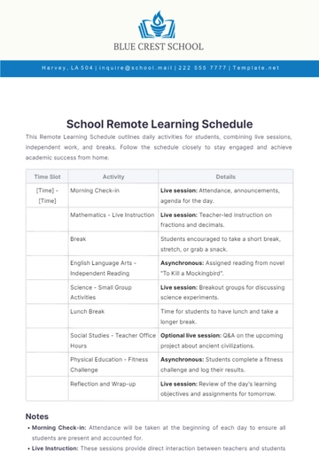 Free School Remote Learning Schedule Template to Edit Online