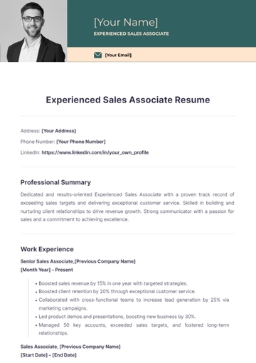 Free Experienced Sales Associate Resume to Edit Online