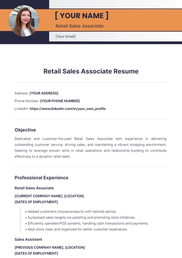 Free Retail Sales Associate Resume to Edit Online
