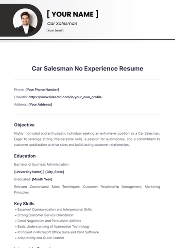 Free Car Salesman No Experience Resume to Edit Online