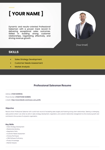 Free Professional Salesman Resume to Edit Online