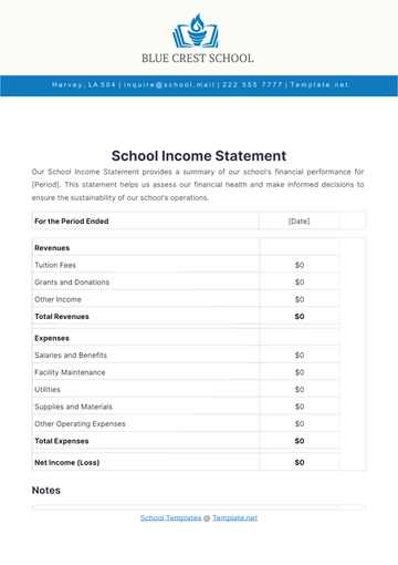 Free School Income Statement Template to Edit Online