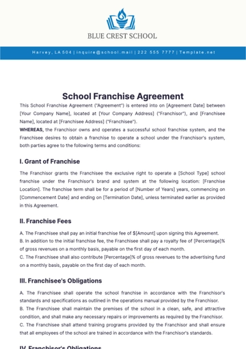 Free School Franchise Agreement Template to Edit Online
