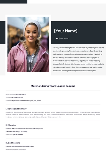 Free Merchandising Team Leader Resume to Edit Online