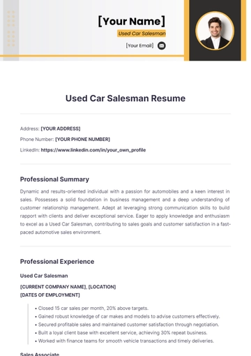 Free Used Car Salesman Resume to Edit Online