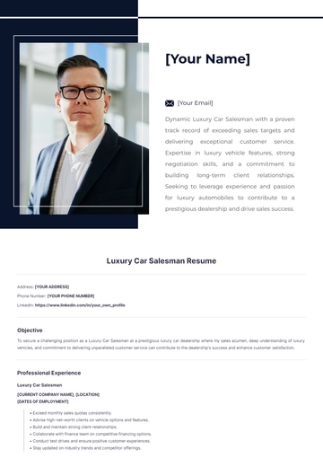 Free Luxury Car Salesman Resume to Edit Online