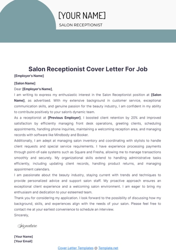 Free Salon Receptionist Cover Letter For Job to Edit Online
