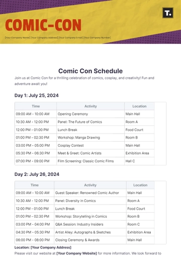 Free Comic Con Schedule Template to Edit Online
