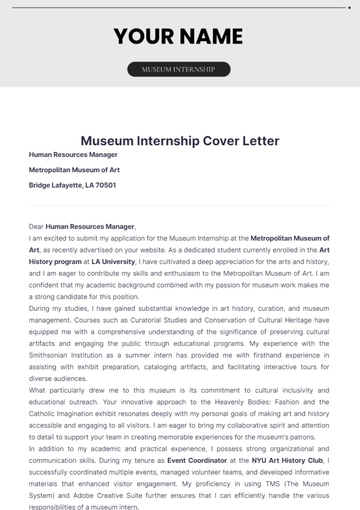 Free Museum Internship Cover Letter to Edit Online