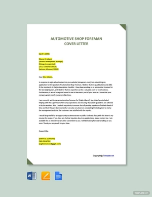 Automotive Shop Foreman Cover Letter