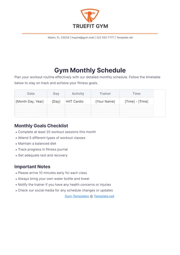 Free Gym Monthly Schedule Template to Edit Online