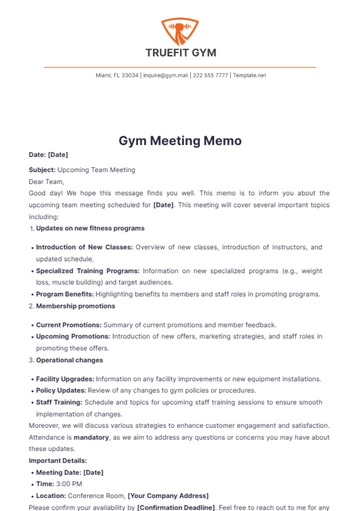 Free Gym Meeting Memo Template to Edit Online