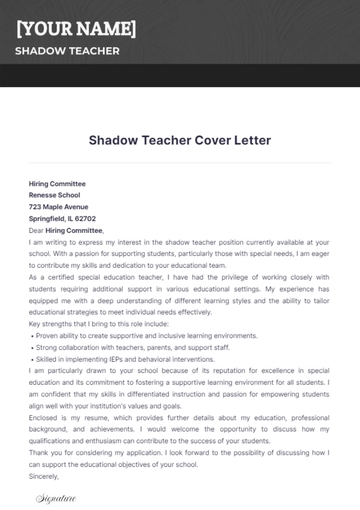 Free Shadow Teacher Cover Letter to Edit Online