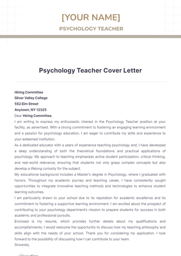 Free Psychology Teacher Cover Letter to Edit Online