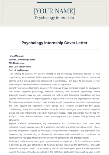 Free Psychology Internship Cover Letter to Edit Online