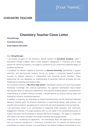 Free Chemistry Teacher Cover Letter to Edit Online