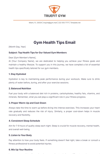 Free Gym Health Tips Email Template to Edit Online