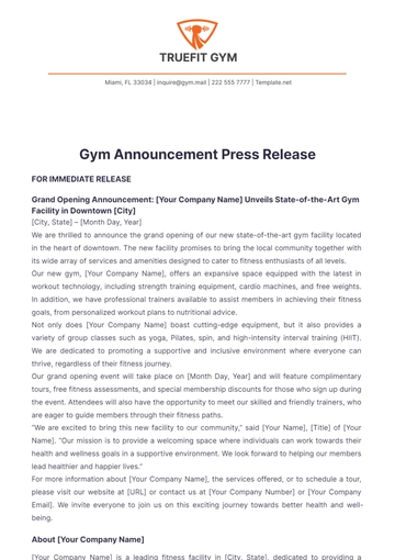 Free Gym Announcement Press Release Template to Edit Online