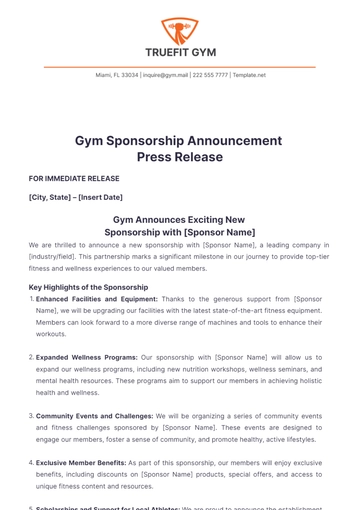 Free Gym Sponsorship Announcement Press Release Template to Edit Online