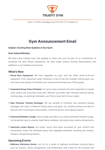 Free Gym Announcement Email Template to Edit Online