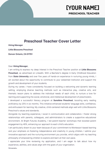 Free Preschool Teacher Cover Letter to Edit Online
