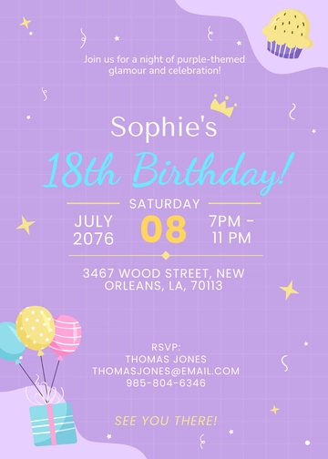 Free Purple 18th Birthday Invitation Template to Edit Online
