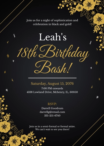 Free Black And Gold 18th Birthday Invitation Template to Edit Online