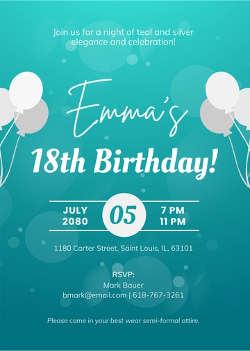 Teal And Silver 18th Birthday Invitation Template - Edit Online & Download