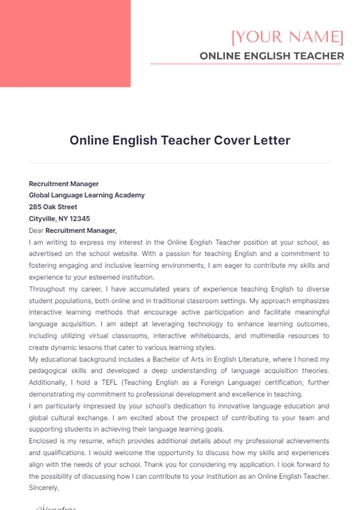 Free Online English Teacher Cover Letter to Edit Online