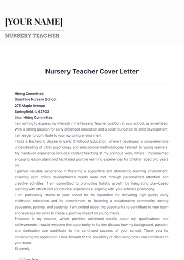 Free Nursery Teacher Cover Letter to Edit Online