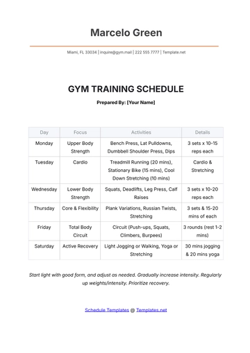 Free Gym Training Schedule Template to Edit Online